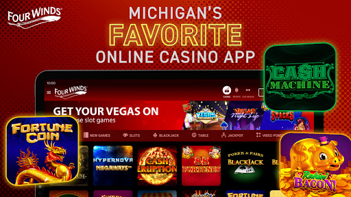 A thrilling casino atmosphere filled with excitement and opportunity, inviting users to explore the world of online gaming with the Four Winds Casino Michigan App.