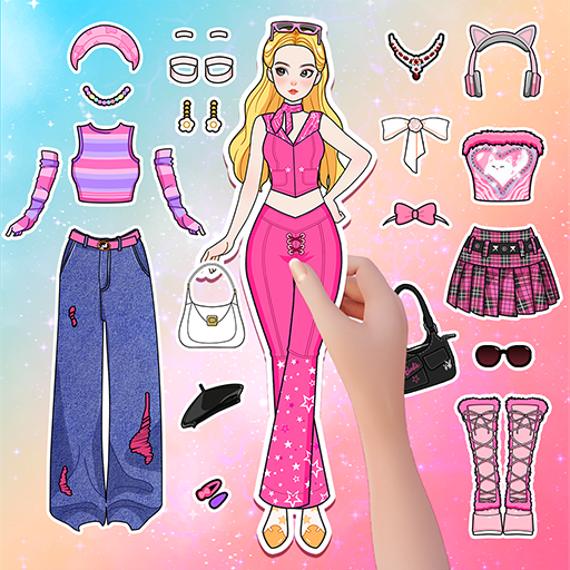 A vibrant illustration of a paper doll surrounded by an array of colorful outfits, depicting the creative and joyful spirit of dress-up games.