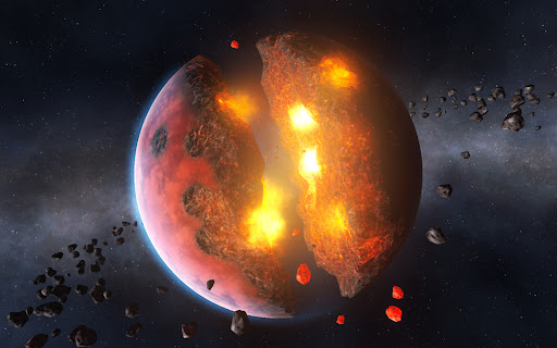 A vibrant depiction of a planet being destroyed, symbolizing the thrill and creativity of cosmic destruction in the Solar Smash game.