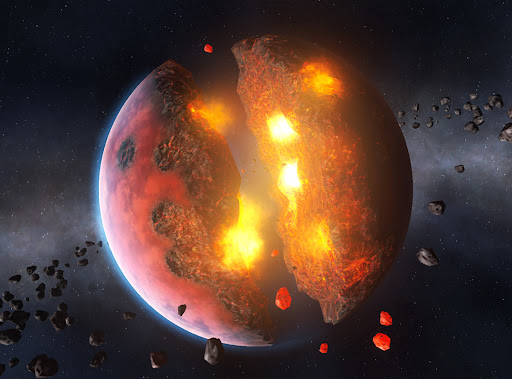 A vibrant depiction of a planet being destroyed, symbolizing the thrill and creativity of cosmic destruction in the Solar Smash game.