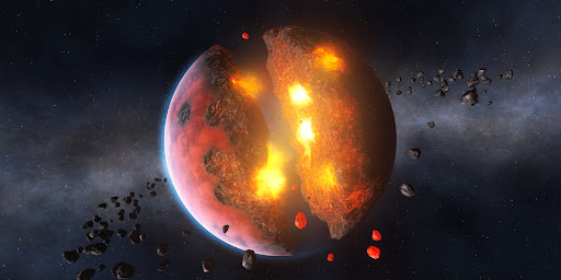 A vibrant depiction of a planet being destroyed, symbolizing the thrill and creativity of cosmic destruction in the Solar Smash game.