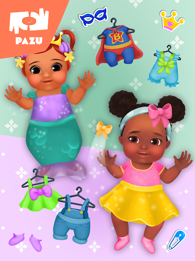 A vibrant and playful scene of a virtual baby fashion makeover with colorful outfits and accessories, evoking creativity and fun.