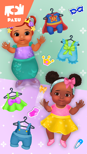 A vibrant and playful scene of a virtual baby fashion makeover with colorful outfits and accessories, evoking creativity and fun.