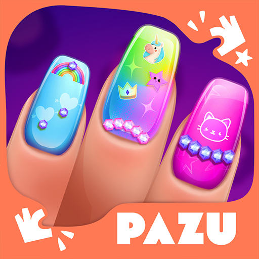 A vibrant and creative nail art design representing the endless possibilities and fun found within the Nail Salon App by Pazugames.