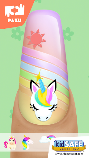 A vibrant and creative nail art design representing the endless possibilities and fun found within the Nail Salon App by Pazugames.