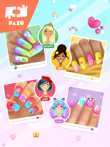 A vibrant and creative nail art design representing the endless possibilities and fun found within the Nail Salon App by Pazugames.