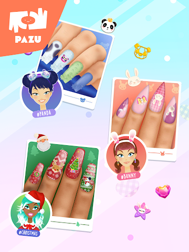 A vibrant and creative nail art design representing the endless possibilities and fun found within the Nail Salon App by Pazugames.