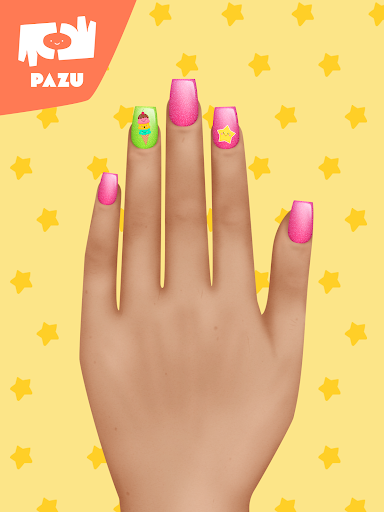 A vibrant and creative nail art design representing the endless possibilities and fun found within the Nail Salon App by Pazugames.