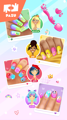 A vibrant and creative nail art design representing the endless possibilities and fun found within the Nail Salon App by Pazugames.