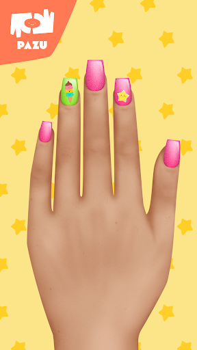 A vibrant and creative nail art design representing the endless possibilities and fun found within the Nail Salon App by Pazugames.