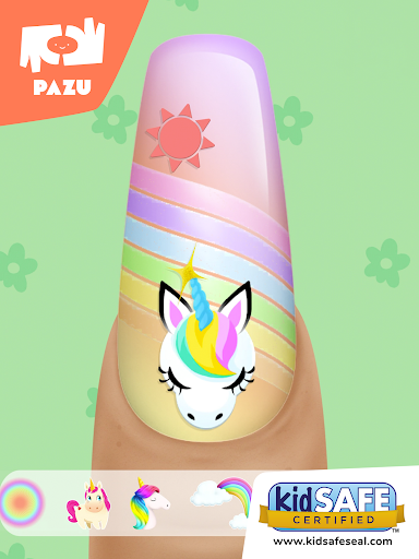 A vibrant and creative nail art design representing the endless possibilities and fun found within the Nail Salon App by Pazugames.