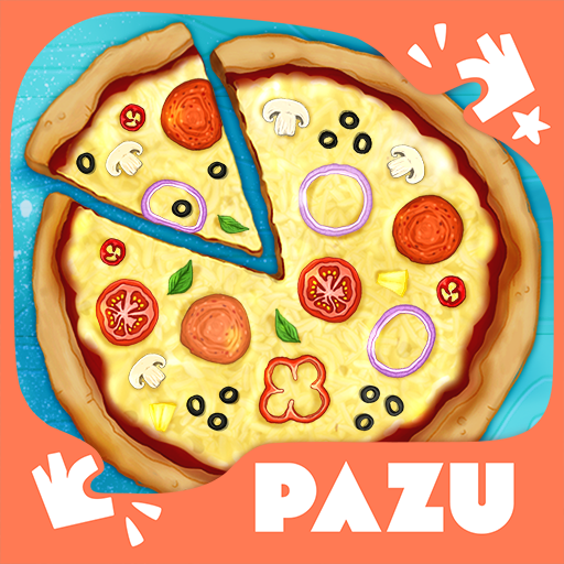 A joyful chef tossing pizza dough in the air with a big smile, showcasing the fun and excitement of making pizza, representing the playful and engaging theme of the Pizza Game by Pazugames.