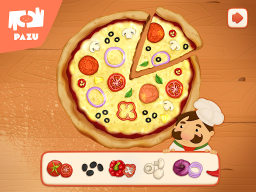 A joyful chef tossing pizza dough in the air with a big smile, showcasing the fun and excitement of making pizza, representing the playful and engaging theme of the Pizza Game by Pazugames.