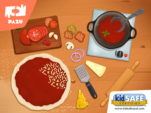 A joyful chef tossing pizza dough in the air with a big smile, showcasing the fun and excitement of making pizza, representing the playful and engaging theme of the Pizza Game by Pazugames.