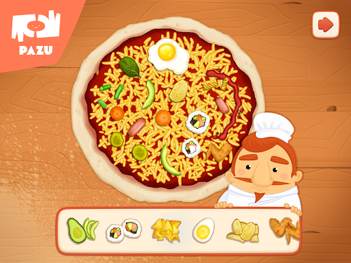 A joyful chef tossing pizza dough in the air with a big smile, showcasing the fun and excitement of making pizza, representing the playful and engaging theme of the Pizza Game by Pazugames.