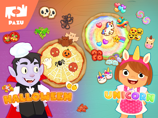 A joyful chef tossing pizza dough in the air with a big smile, showcasing the fun and excitement of making pizza, representing the playful and engaging theme of the Pizza Game by Pazugames.