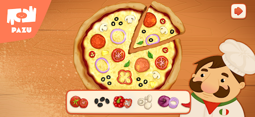 A joyful chef tossing pizza dough in the air with a big smile, showcasing the fun and excitement of making pizza, representing the playful and engaging theme of the Pizza Game by Pazugames.