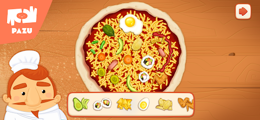 A joyful chef tossing pizza dough in the air with a big smile, showcasing the fun and excitement of making pizza, representing the playful and engaging theme of the Pizza Game by Pazugames.