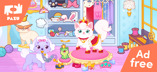 A whimsical scene capturing the magical world of Princess Pet Palace, filled with playful pets and vibrant colors, portraying a sense of joy and imagination.