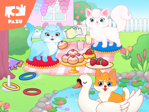 A whimsical scene capturing the magical world of Princess Pet Palace, filled with playful pets and vibrant colors, portraying a sense of joy and imagination.