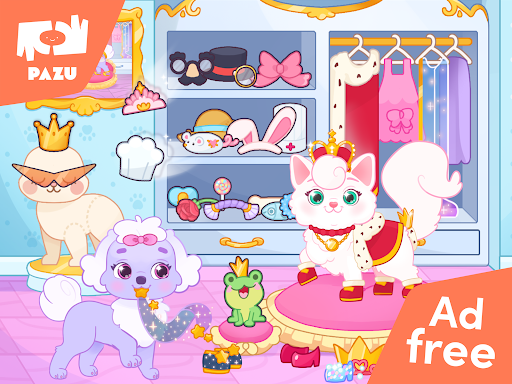 A whimsical scene capturing the magical world of Princess Pet Palace, filled with playful pets and vibrant colors, portraying a sense of joy and imagination.