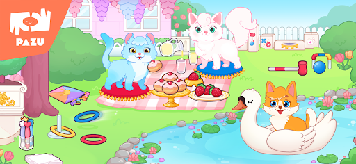 A whimsical scene capturing the magical world of Princess Pet Palace, filled with playful pets and vibrant colors, portraying a sense of joy and imagination.