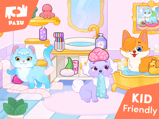 A whimsical scene capturing the magical world of Princess Pet Palace, filled with playful pets and vibrant colors, portraying a sense of joy and imagination.