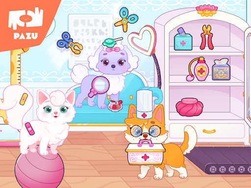 A whimsical scene capturing the magical world of Princess Pet Palace, filled with playful pets and vibrant colors, portraying a sense of joy and imagination.