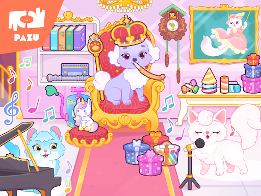 A whimsical scene capturing the magical world of Princess Pet Palace, filled with playful pets and vibrant colors, portraying a sense of joy and imagination.