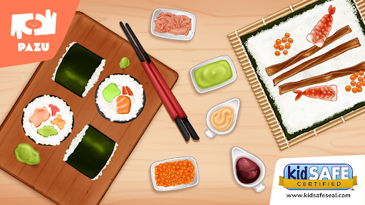 A joyful representation of sushi-making, capturing the excitement and creativity of becoming a sushi chef through an engaging and educational app experience.