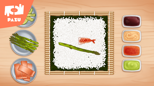 A joyful representation of sushi-making, capturing the excitement and creativity of becoming a sushi chef through an engaging and educational app experience.