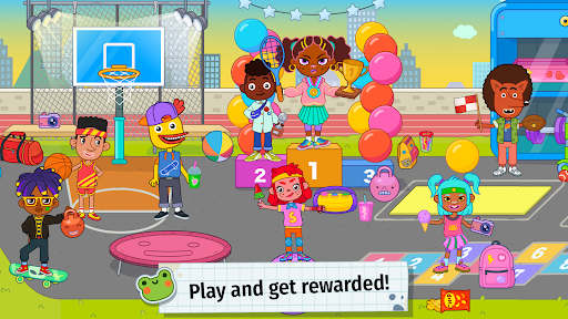 A joyful child exploring a colorful virtual school environment in the Pepi School app, symbolizing fun and interactive learning.