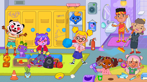 A joyful child exploring a colorful virtual school environment in the Pepi School app, symbolizing fun and interactive learning.