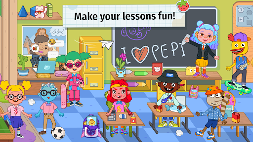 A joyful child exploring a colorful virtual school environment in the Pepi School app, symbolizing fun and interactive learning.