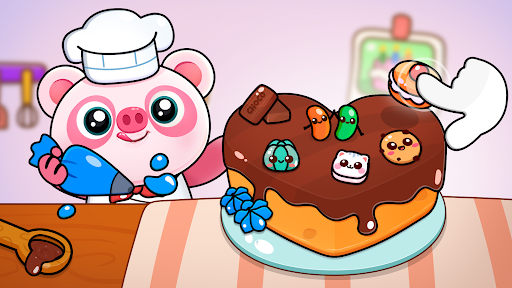 A joyful piggy panda surrounded by colorful cakes and pastries, embodying the fun and creativity of cake-making adventures.