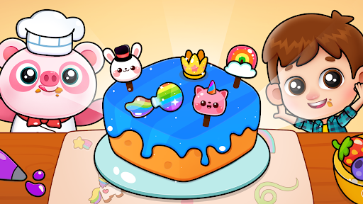 A joyful piggy panda surrounded by colorful cakes and pastries, embodying the fun and creativity of cake-making adventures.