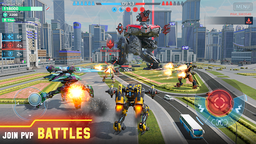 A thrilling scene of giant robots engaged in an epic battle, representing the adrenaline and strategy of War Robots Game.