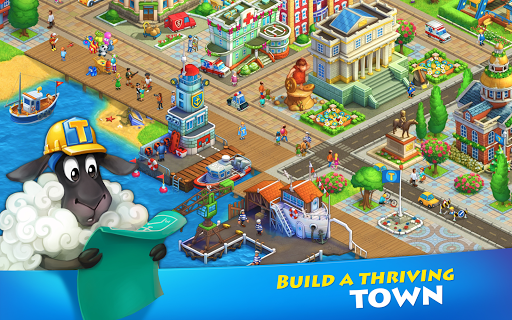 A thriving township with lush farms, vibrant city buildings, and happy townsfolk, conveying a sense of community and accomplishment.