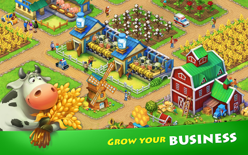 A thriving township with lush farms, vibrant city buildings, and happy townsfolk, conveying a sense of community and accomplishment.