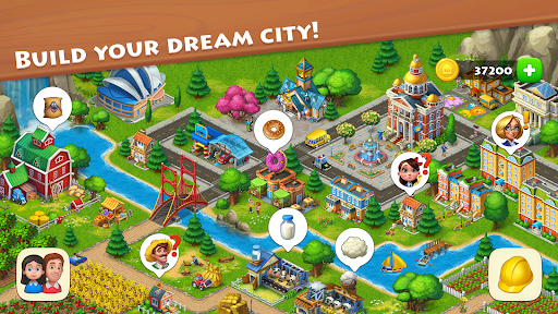 A thriving township with lush farms, vibrant city buildings, and happy townsfolk, conveying a sense of community and accomplishment.