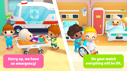 A vibrant and bustling hospital scene where children explore and learn through playful interactions, embodying the spirit of curiosity and empathy.