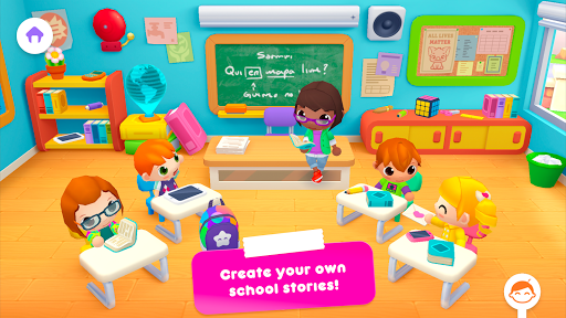 A joyful and colorful school environment filled with happy children and interactive learning elements, symbolizing the fun and educational experience of Sunny School Stories.