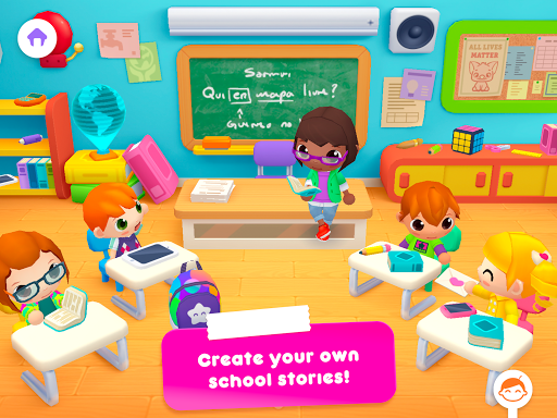 A joyful and colorful school environment filled with happy children and interactive learning elements, symbolizing the fun and educational experience of Sunny School Stories.