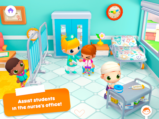 A joyful and colorful school environment filled with happy children and interactive learning elements, symbolizing the fun and educational experience of Sunny School Stories.