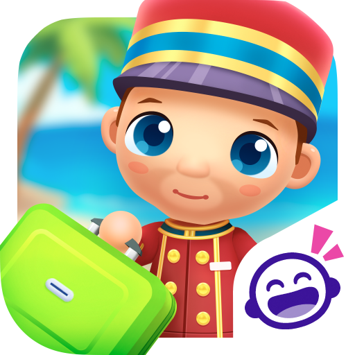 A vibrant, joyful kid exploring a colorful hotel environment in a playful digital game, filled with imagination and excitement.