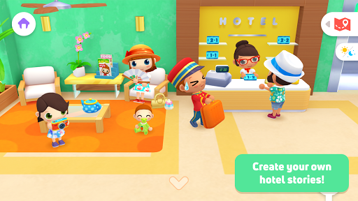 A vibrant, joyful kid exploring a colorful hotel environment in a playful digital game, filled with imagination and excitement.