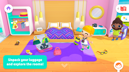 A vibrant, joyful kid exploring a colorful hotel environment in a playful digital game, filled with imagination and excitement.