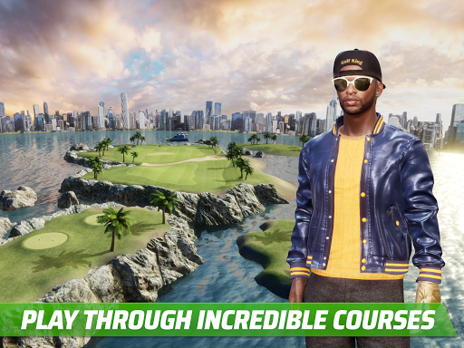 A golfer joyfully swings on a virtual golf course, embodying the thrill and excitement of the Golf King game.