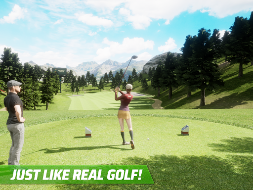 A golfer joyfully swings on a virtual golf course, embodying the thrill and excitement of the Golf King game.