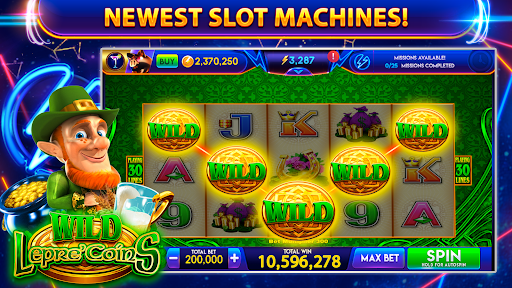 A vibrant and thrilling casino slot machine game that captures the excitement and anticipation of a real casino, with bright lights and spinning reels enticing players to try their luck.